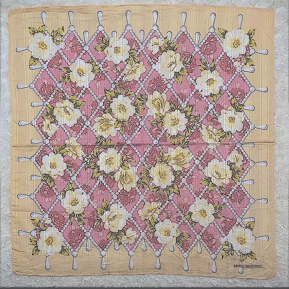 Valentino Mario Cotton Scarf pale yellow pink 19" square